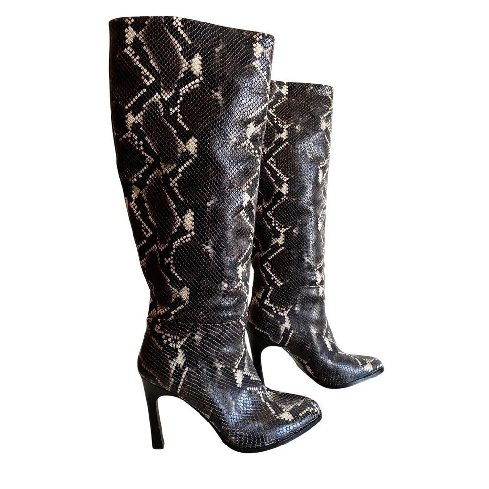 Sigerson Morrison Python Embossed Knee-High Leather Boots 40 Black Brown Snake